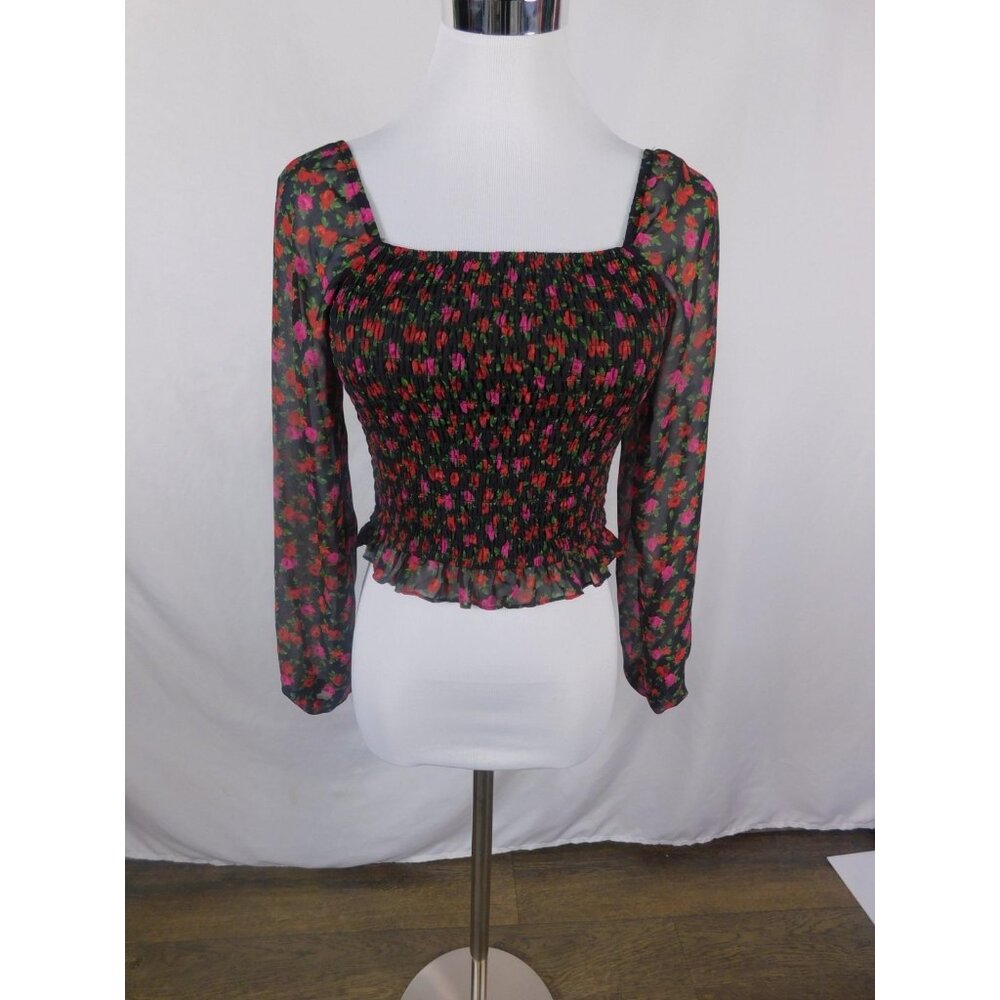 Black Rose Print Smocked Sheer Square Neck Top Boho Witch